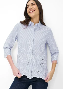 Chemisier pur coton à rayures, avec broderie florale