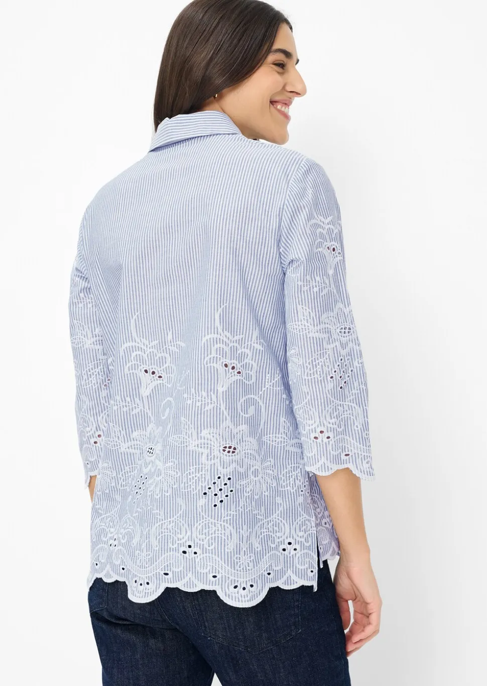 Chemisier pur coton à rayures, avec broderie florale