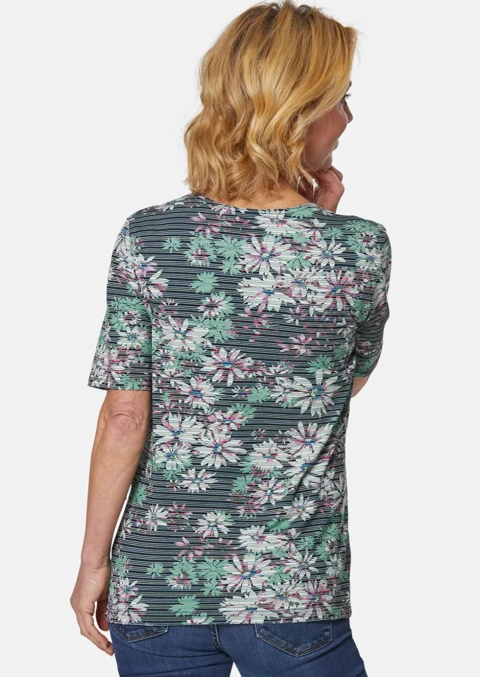 Confortable T-shirt imprimé de fleurs et rayures