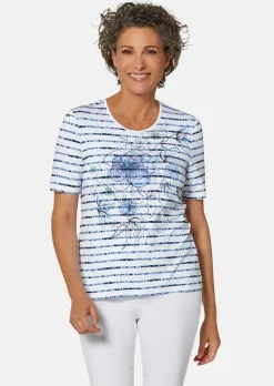 Confortable T-shirt imprimé de fleurs et rayures