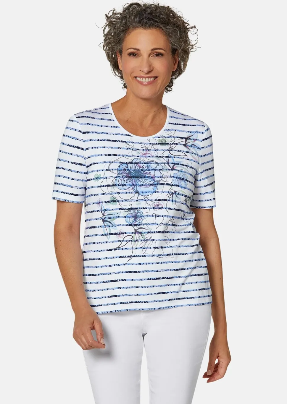 Confortable T-shirt imprimé de fleurs et rayures