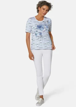 Confortable T-shirt imprimé de fleurs et rayures