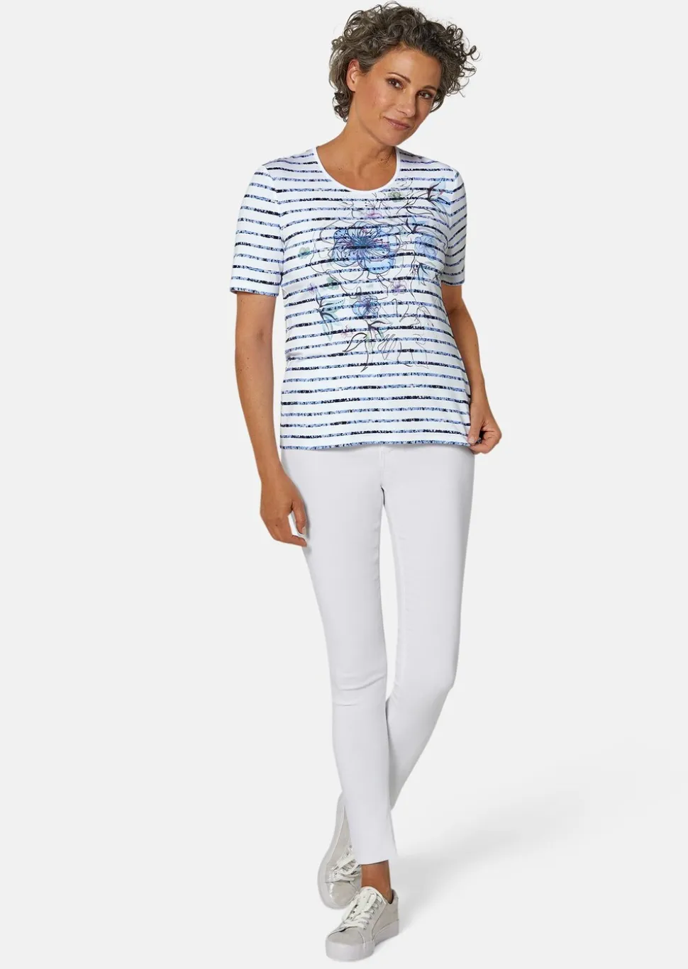 Confortable T-shirt imprimé de fleurs et rayures