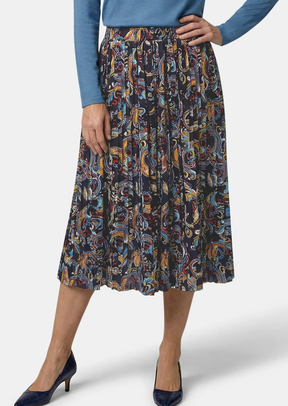 Jupe plissée midi à motif cachemire