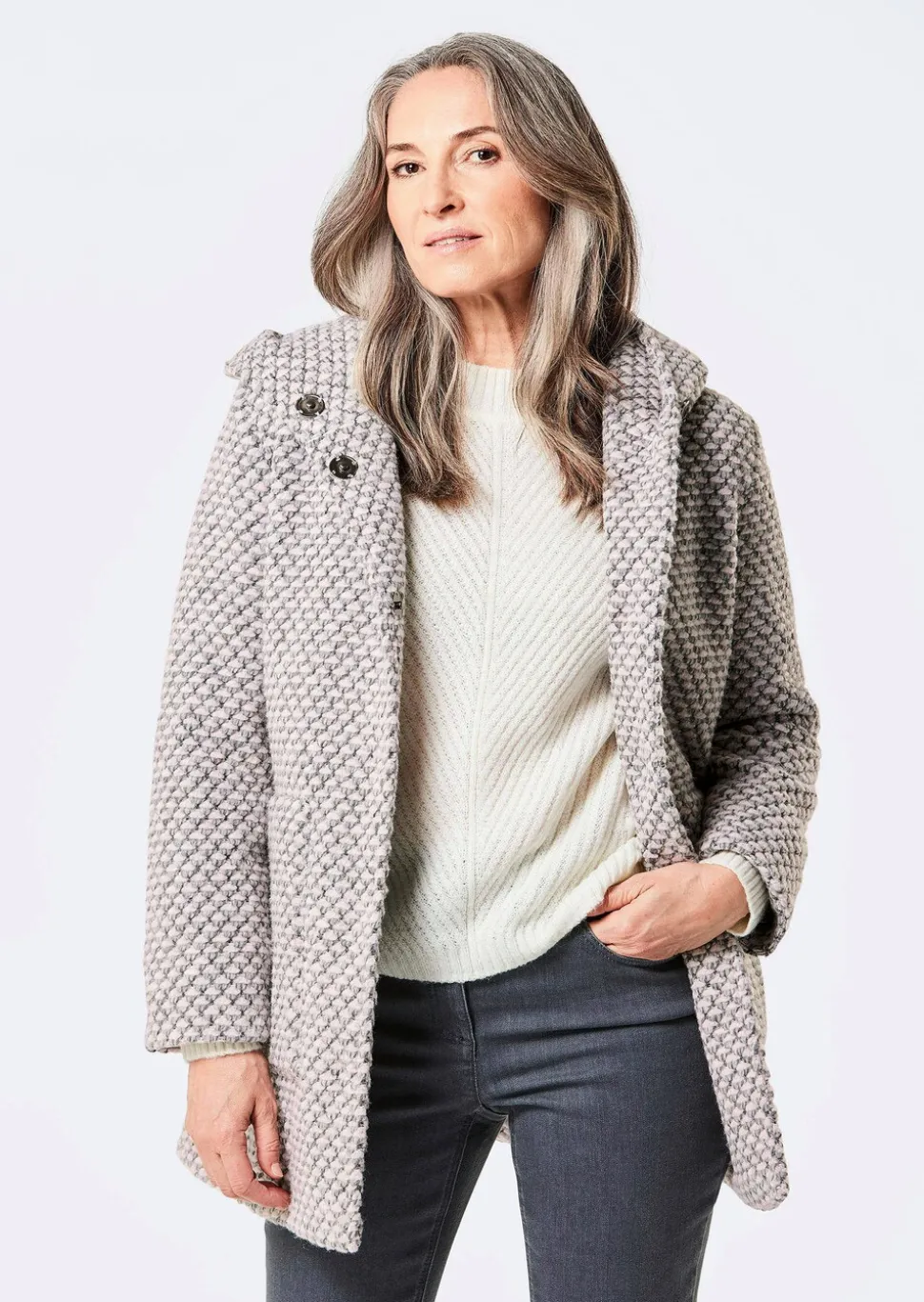 Manteau court bicolore en laine mélangée