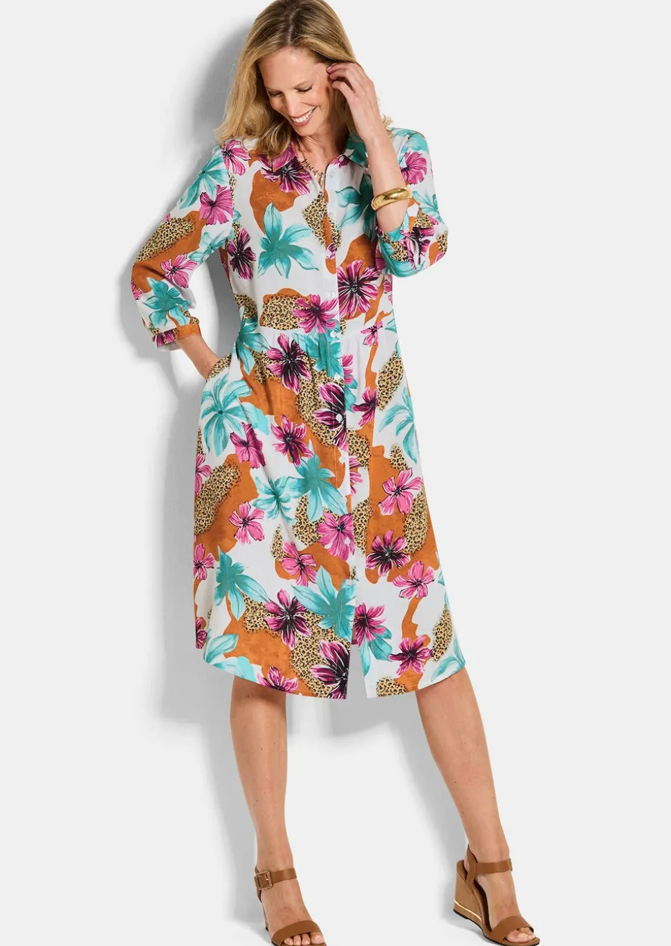 Robe-chemisier avec imprimé léopard et fleurs