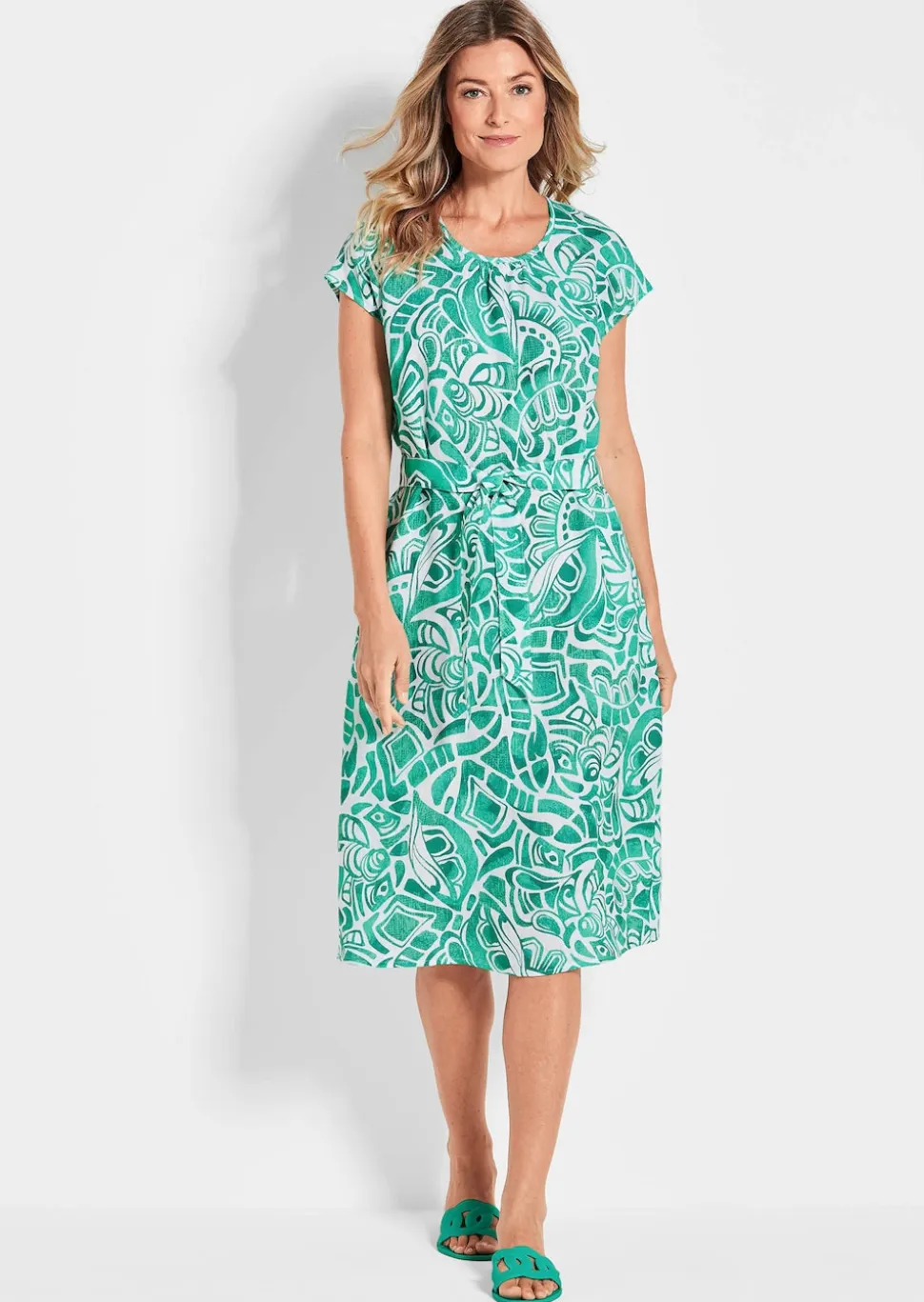 Robe en lin avec imprimé intégral et ceinture à nouer