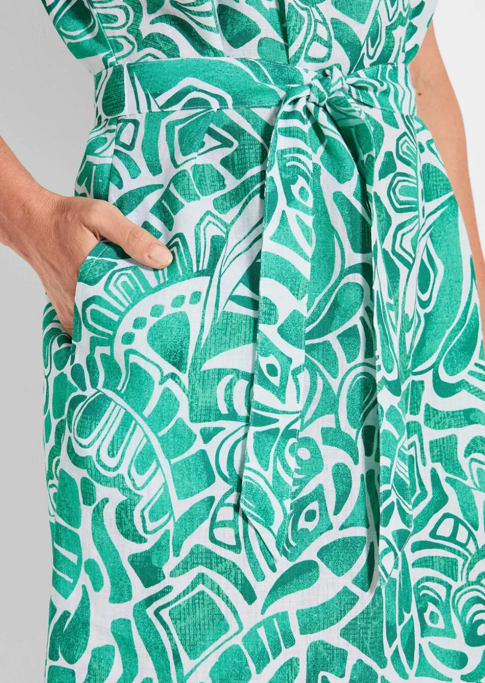 Robe en lin avec imprimé intégral et ceinture à nouer