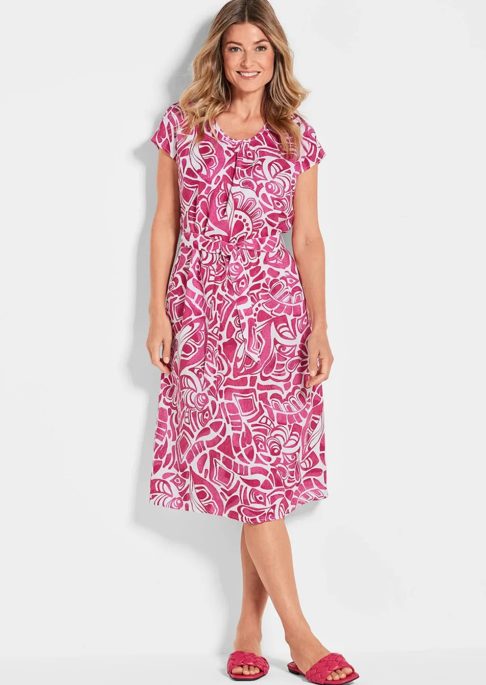 Robe en lin avec imprimé intégral et ceinture à nouer