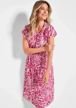 Robe en lin avec imprimé intégral et ceinture à nouer
