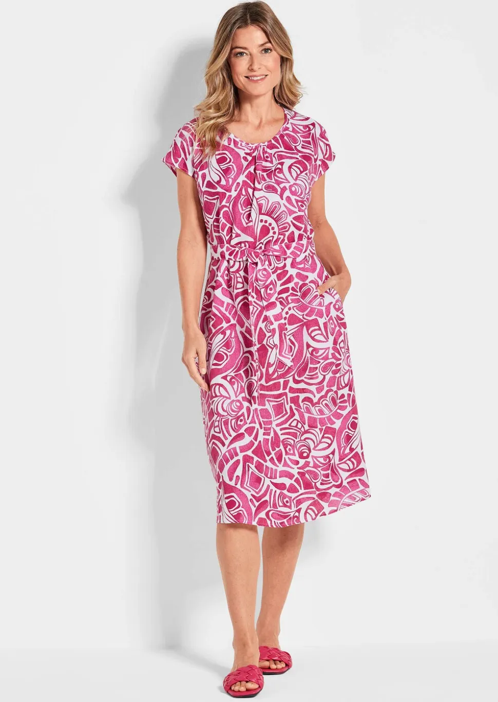 Robe en lin avec imprimé intégral et ceinture à nouer