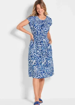 Robe en lin avec imprimé intégral et ceinture à nouer