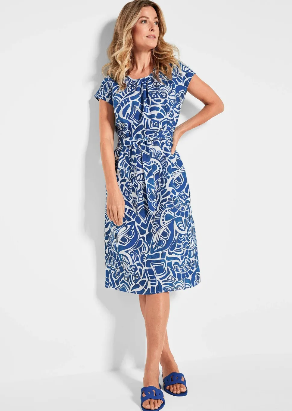 Robe en lin avec imprimé intégral et ceinture à nouer