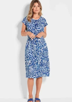 Robe en lin avec imprimé intégral et ceinture à nouer