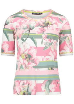 T-shirt côtelé avec motif de fleurs et de rayures
