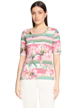 T-shirt côtelé avec motif de fleurs et de rayures