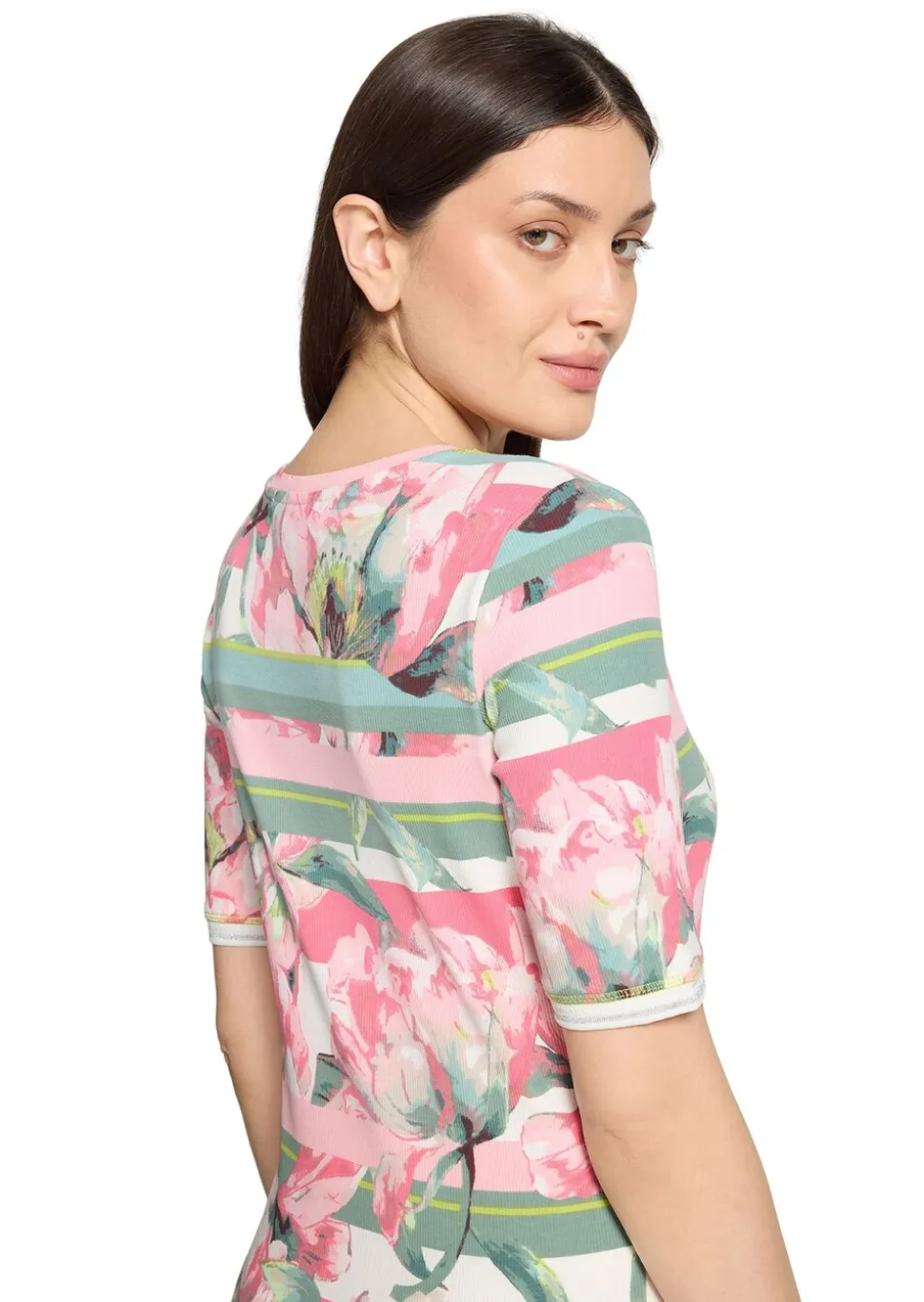 T-shirt côtelé avec motif de fleurs et de rayures