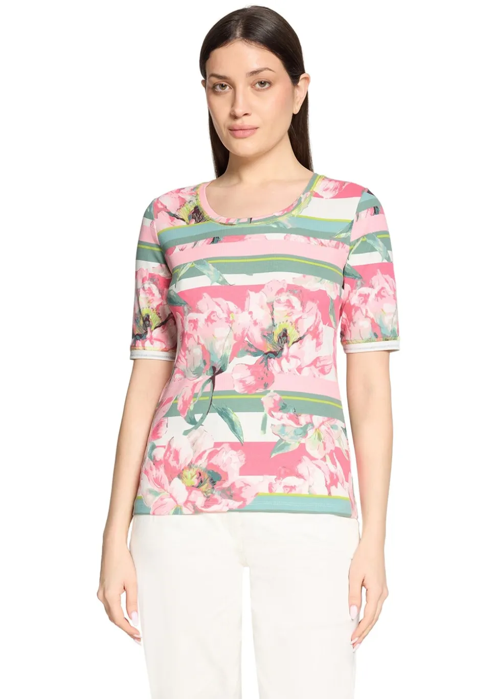 T-shirt côtelé avec motif de fleurs et de rayures