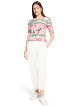 T-shirt côtelé avec motif de fleurs et de rayures