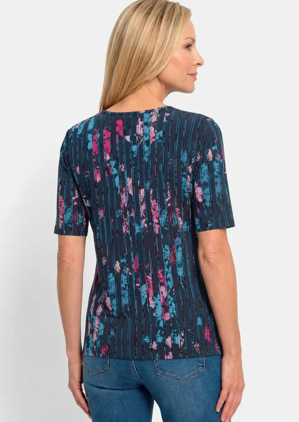 T-shirt en viscose avec fleurs et rayures longitudinales