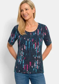 T-shirt en viscose avec fleurs et rayures longitudinales