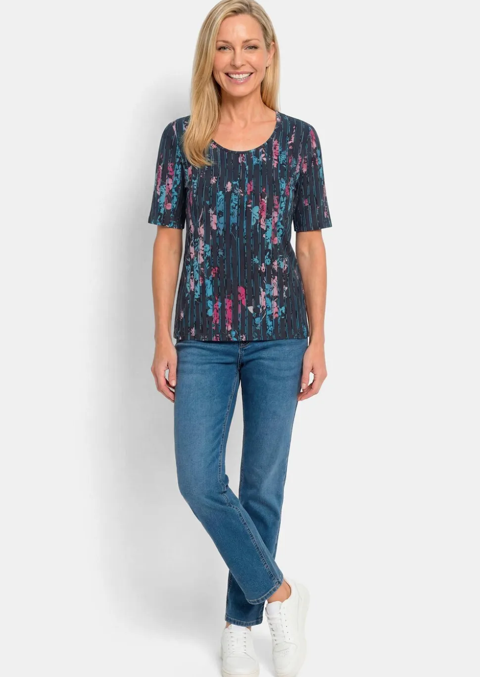 T-shirt en viscose avec fleurs et rayures longitudinales