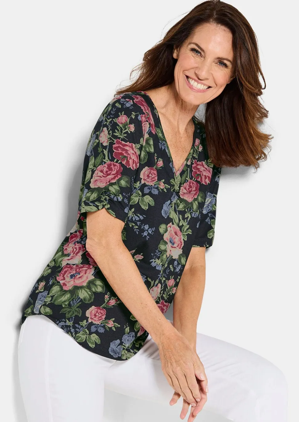 T-shirt floral en jersey avec fronces